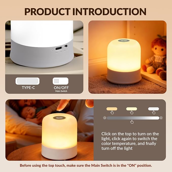 Portable Baby Night Light, 3-Color Dimmable, 2400mAh Rechargeable Touch Nightlight, Small LED Nursery Lamp, for Kids, Adults