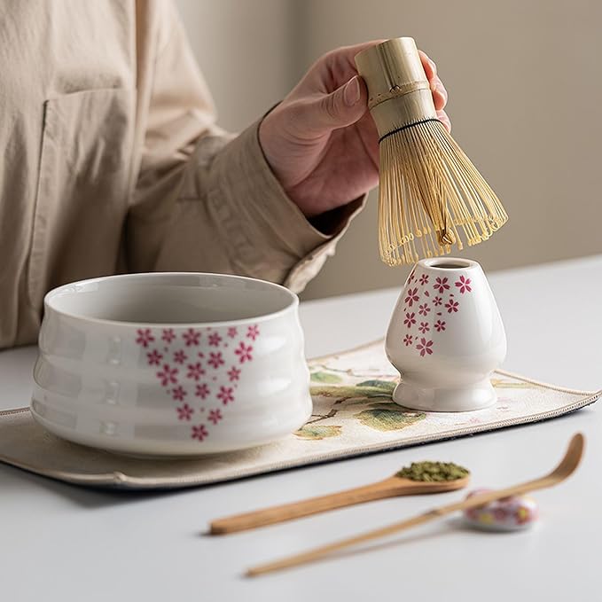 Ceramic Matcha Whisk Set, Complete Matcha Set-8PCS for Ceremonial Grade Matcha, Tea Gifts for Tea Lovers for Christmas, Birthday, Halloween (Petal)