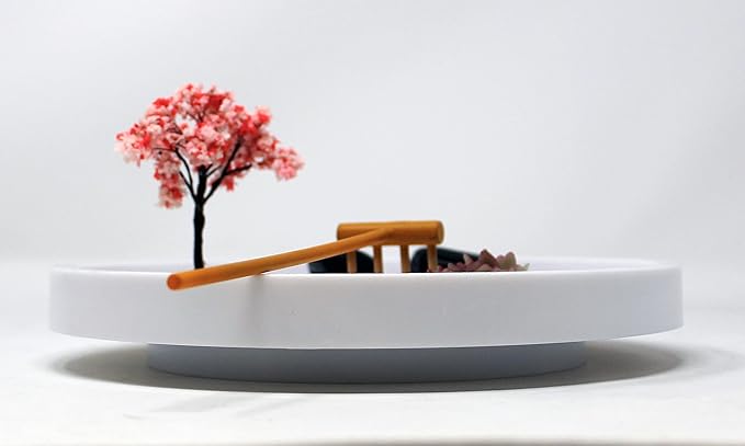 Nature's Mark Mini Zen Garden Kit for Desk with Rake, White Sand, Lotus Figures, White Round Base, Black River Rocks and Mini Blossom Tree (8Lx8W Round B)