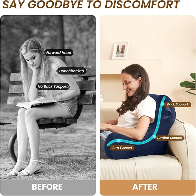 Portable Comfy Reading Pillows for Bed Sitting Up(Royal Blue Oeko-Tex), Velvet Back Pillow with Arms & Pockets for Adults, Support Memory Foam Bed Pillow for Dorm/Reading/Watching/Gaming