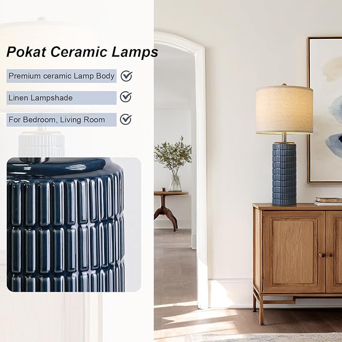 PoKat 27.5'' Tall Table Lamps for Living Room Set of 2, Ceramic Bedroom Lamps for Night Stands, Modern Bedside Lamps for Bedroom Living Room, Nightstand Lamps for Side End Table Hallway, Blue