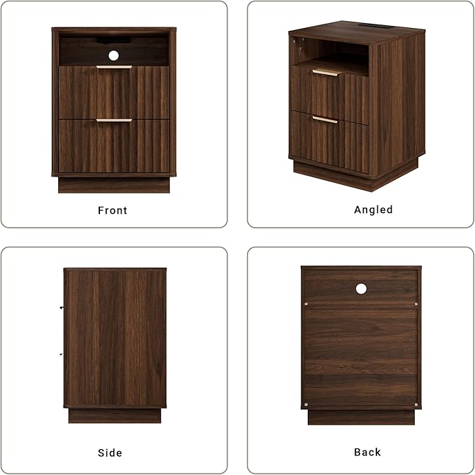Fluted Nightstand with Charging Station, 18" Modern Farmhouse Night Stand, 2 Drawers End Table with Storage, Bedside Table for Bedroom Sofa Home Office, Curved Profile Design (Walnut)