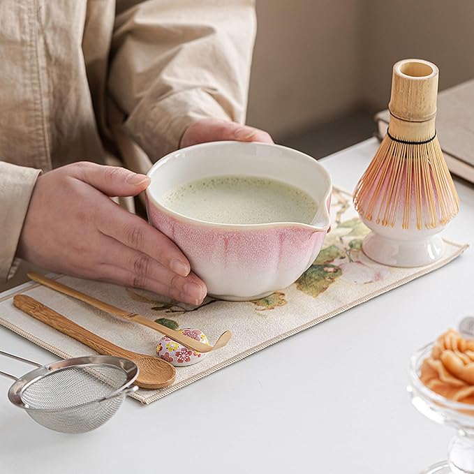 Ceramic Matcha Whisk Set, Complete Matcha Set-8PCS for Ceremonial Grade Matcha, Tea Gifts for Tea Lovers for Christmas, Birthday, Halloween (Cherry Blossom Pink)