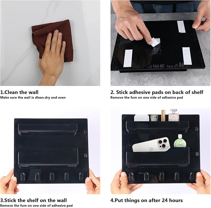 Bedside Shelf Wall Mount, Adhesive Bedside Shelf Accessories Organizer with Hooks and Cable Clips,Dorm Bedside Wall Storage for Phone, Remote, Earphone, Kindle,Plastic (5 Hooks Style-Black)