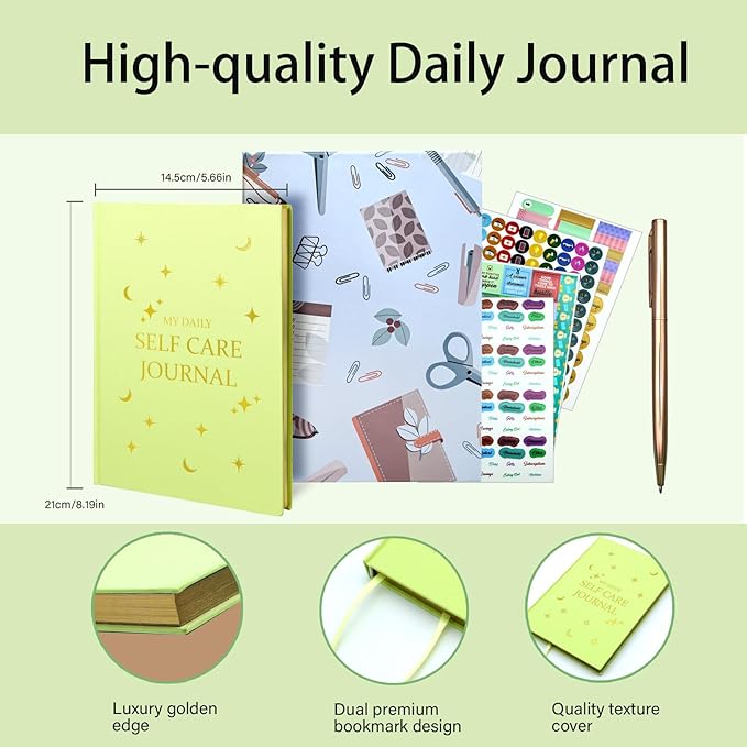 Gratitude Journal, Daily Reflection Journal for More Happiness, Mindfulness & Affirmation, Self Care Journals for Women & Men, 6 Inspirational Stickers and Ballpoint Pen, Green