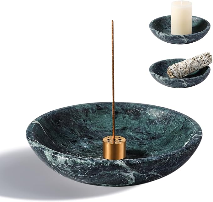 Koville Natural Marble Incense Holder, Incense Holder for Sticks with 9 Holes, Handmade Incense Burner Ash Catcher for Meditation Yoga SPA, Balsam Fir/Palo Santo/Sage/Cone (Green)