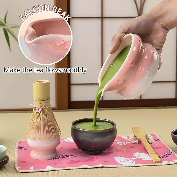 Matcha Whisk Set, 8 PCS Ceramic Set Includes 15-OZ Matcha Bowl with Spout, Bamboo Tea Whisk and Stand, Scoop and Spoon. Matcha Kit for Matcha Lovers and Beginners (pink)