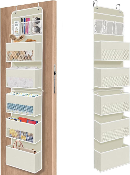 6-Tier Over The Door Organizer, Hanging Storage Organizer with Clear Window, 40lb Ultra Sturdy Large Capacity Room Organizer for Pantry Bathroom Nursery Closet Baby Essential (Beige)