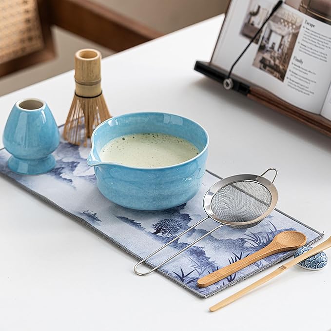 Ceramic Matcha Whisk Set, Complete Matcha Set-8PCS for Ceremonial Grade Matcha, Tea Gifts for Tea Lovers for Christmas, Birthday, Halloween (Sky Blue)