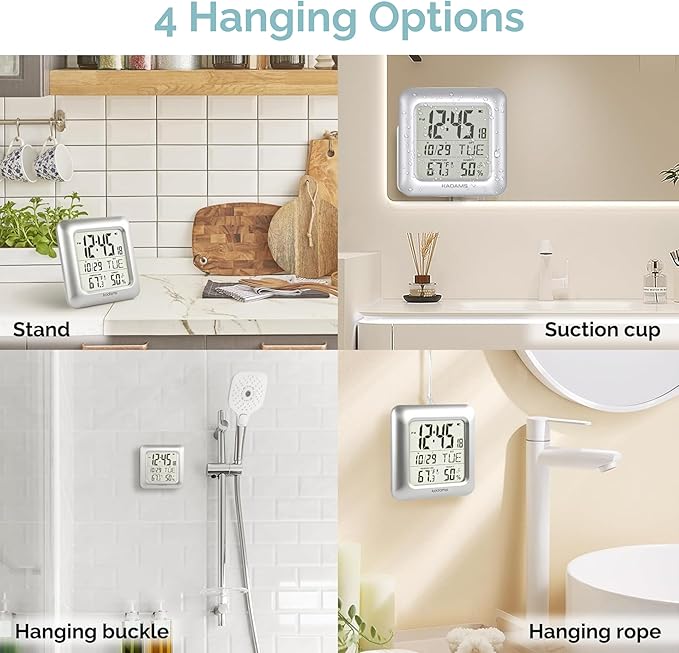 KADAMS Bathroom Clock 9.5" Kitchen Wall Clock with Large LCD Screen – Shower Clock with Suction Cup,Temperature, Humidity, Calendar – Water-Resistant, 4 Mounting Options, Silver