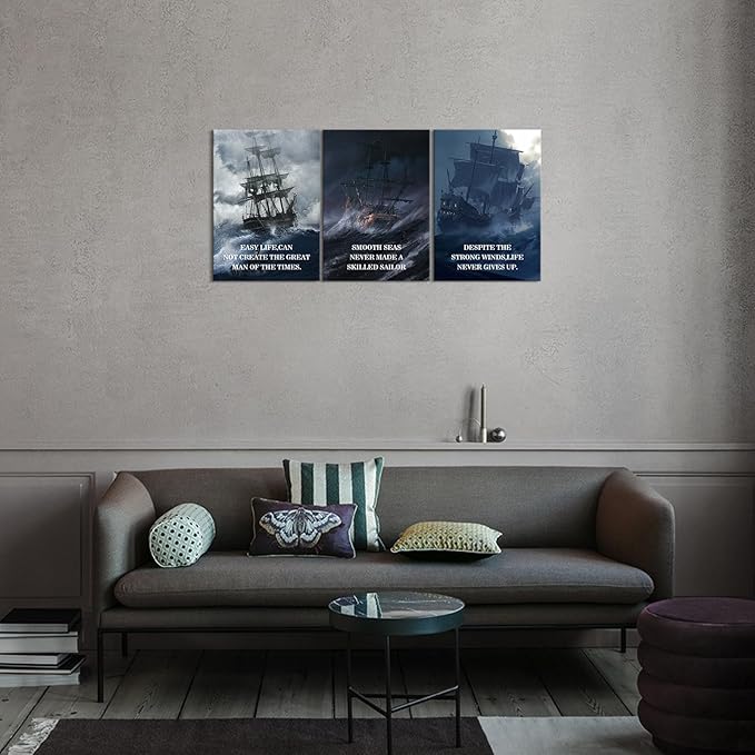 KAWAHONE Motivational Quotes Wall Art, Smooth Seas Never Made a Skilled Sailor Inspirational Wall Art Office Decor, Positive Quotes Wall Art for Living Room Bedroom, Office, Home, Gym