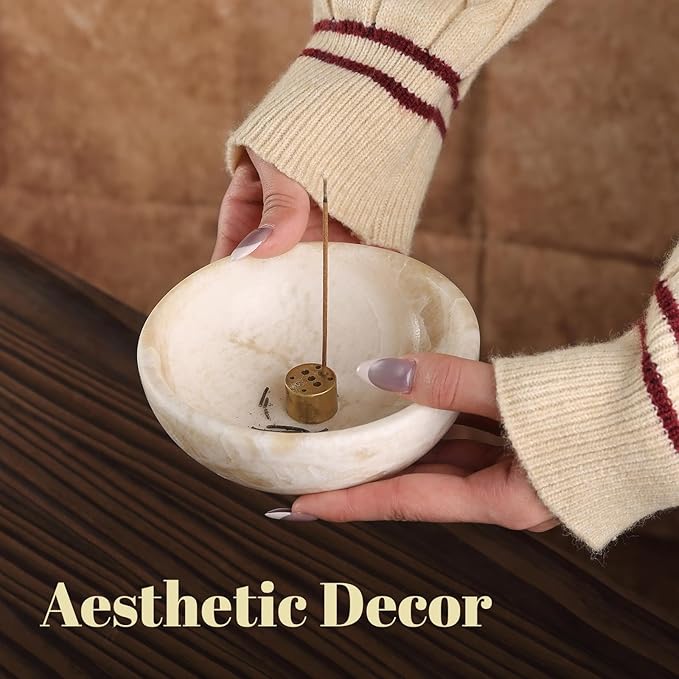 Koville Natural Marble Incense Holder, Incense Holder for Sticks with 9 Holes, Handmade Incense Burner Ash Catcher for Meditation Yoga SPA, Suit for Palo Santo/Sage/Cone(Ivory)