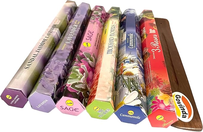 Sreevani Incense Sticks Variety Pack #12 and Incense Stick Holder Bundle Gift Set with 6 Flower #2 Theme Fragrances