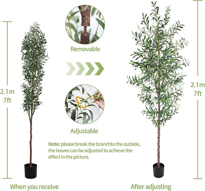 Artificial Olive Tree, 7FT Tall Faux Olive Trees 84in Outdoor Fake Potted Silk Plant with Trunk and Realistic 1048 Leaves and 40 Fruits for Modern Office Home Decor Indoor（1pack）