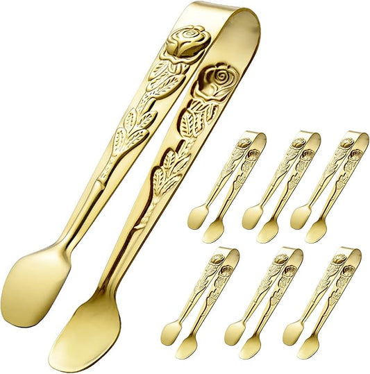6PCS Mini Serving Tongs 4 Inches Small Rose Sugar Cube Tongs (Gold)