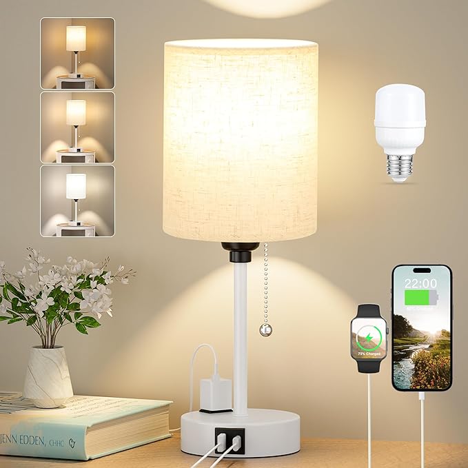 Small Bedside Lamp for Bedroom Nightstand - 3000K 4000K 5000K Bedside Lamps with USB C and A Ports, Pull Chain Table Lamps with AC Outlet, Nightstand Lamps with White Metal Base for Kids Reading