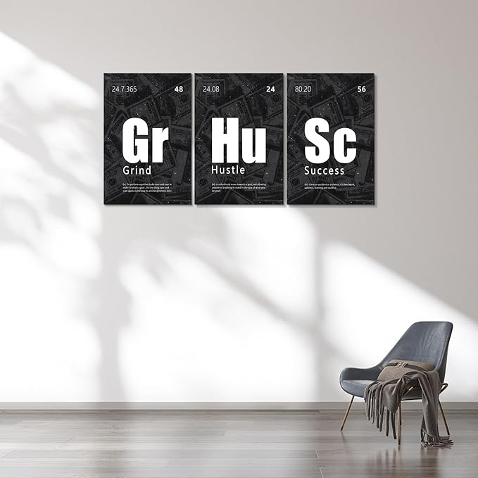 KAWAHONE Motivational Wall Art Success Posters-Grind Hustle Success Inspirational Quotes Canvas Prints for Office, Home Office, Living Room