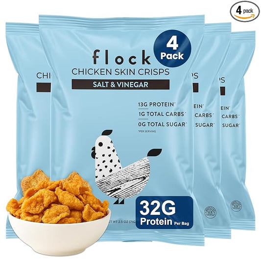 Flock Keto Chicken Skin Chips | Salt and Vinegar Flavor | Low Carb, High Protein, Sugar Free, Gluten Free Fried Chicken Skins for People | (2.5oz) 4-Pack Crispy Flock Chips