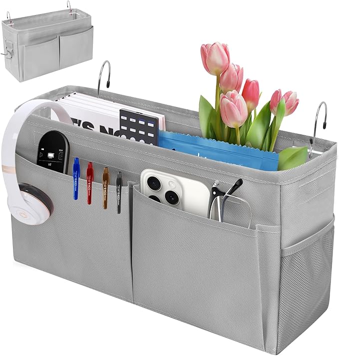 Bedside Caddy Organizer with Fixed Straps, Bunk Bed Caddy ideal for Home, Bunk Bed, Dorm, Hospital, Crib, Versatile Bedside Storage Solution (Grey)