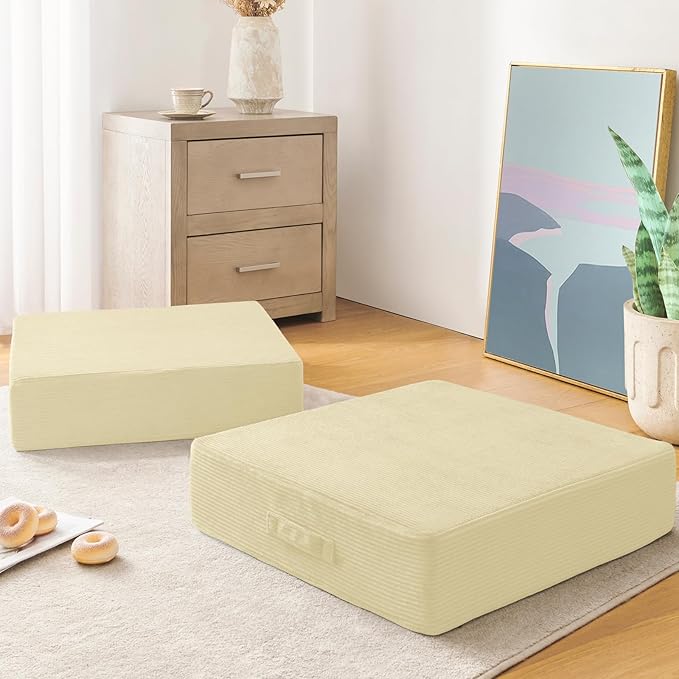 Wellsin Solid Square Floor Pillows for Adults Kids - Large Meditation Floor Pillow Seating Cushion with Thick Foam & Washable Velvet Cover, 1 Pack, 22x22x5 Inch, Beige