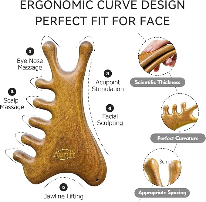 Gua Sha Tool for Face & Body, Christmas Gifts for Womon, 4 in 1 Sandalwood Guasha, Lymphatic Drainage,Jaw Lifting & Nose Sculpting, Head Massage Comb for Stress Relief,Home Office Self Care