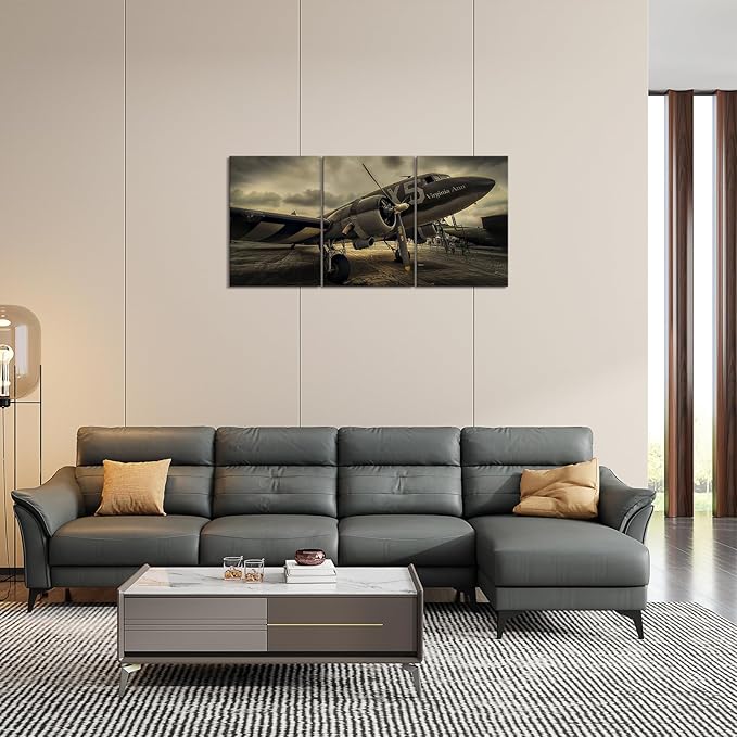 KAWAHONE -3 Pieces Vintage Airplane Wall Art Old Airplane Canvas Wall Art for Office Bedroom Living Room Home Ready to Hang (Aircraft)