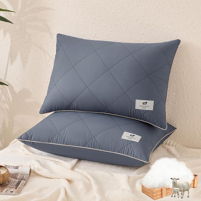 YOUR MOON Organic Wool Pillow Standard Size Set of 2, Soft Support Bed Pillows for Sleeping, Luxury Down Alternative Pillow for Side & Back Sleepers, 100% Cotton Cover, Natural Wool Filling (Gray)