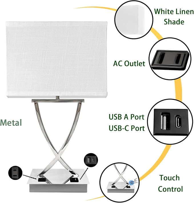 21.38" Table Lamp for Bedroom Living Room 3-Way Dimmable Touch Control Medium Chrome Bedside lamp with USB A+C Ports，Nightstand Lamp with White Linen Shade Bulb Included (White-Chrome)