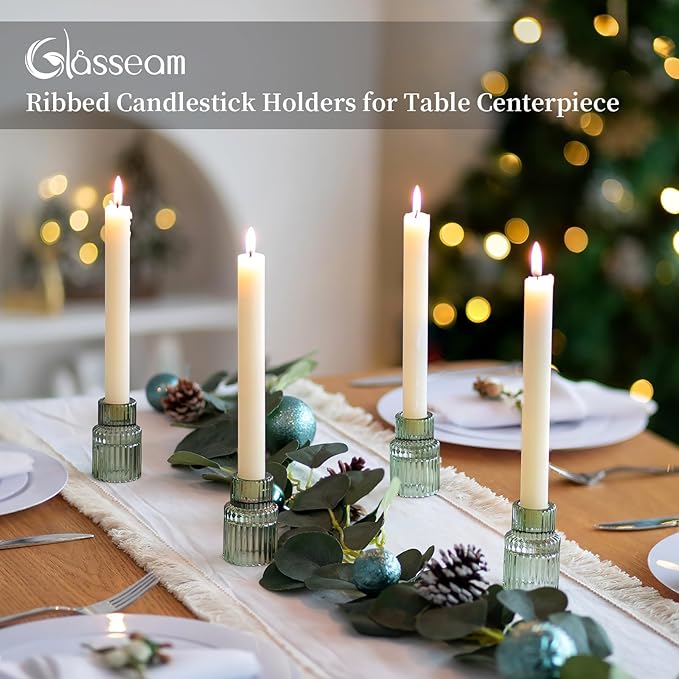 Glasseam Taper Glass Candlestick Holder: Green Candle Stick Holders Set of 2 Small Candle Holders for Candlesticks Vintage Crystal Tapered Candle Holder for Wedding Table Centerpiece Christmas Advent