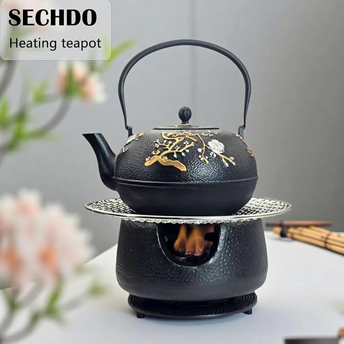 Cast Iron Teapot Warmer with Candle, Small Heavy Charcoal Stove for Tea Pot, Tea Kettle Warmer Set with Trivet, Barbecue Grill, Hibachi with 18/8 Stainless Steel Mesh