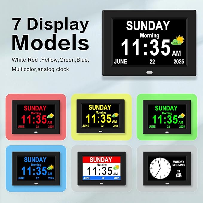 7‘’ Digital Alarm Clock for Elderly Large Display for Seniors Electric Clocks with Date Day of Week 12 Alarms 4 Colors Desk Wall Calendar Clocks for Memory Loss Alzheimers Dementia Auto DST/Dimmer