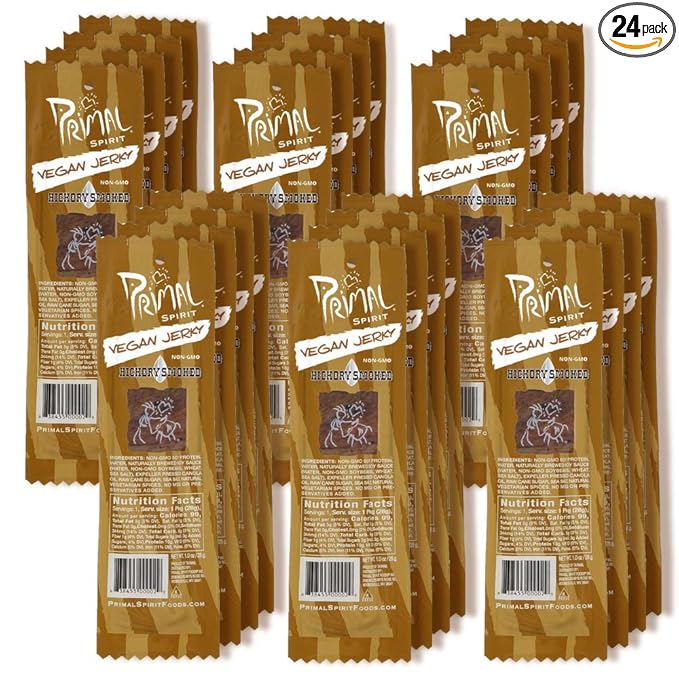 Primal Spirit Vegan Jerky – “Classic Flavor” – Hickory Smoked, 10 g. Plant Based Protein, Certified Non-GMO, No Preservatives, Sports Friendly Packaging (24 Pack, 1 oz)