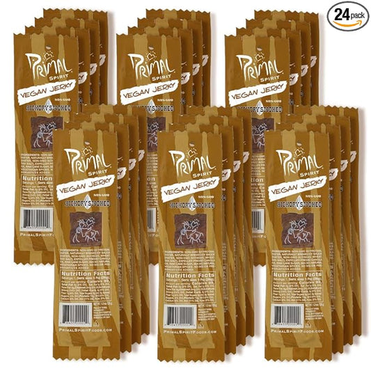 Primal Spirit Vegan Jerky – “Classic Flavor” – Hickory Smoked, 10 g. Plant Based Protein, Certified Non-GMO, No Preservatives, Sports Friendly Packaging (24 Pack, 1 oz)
