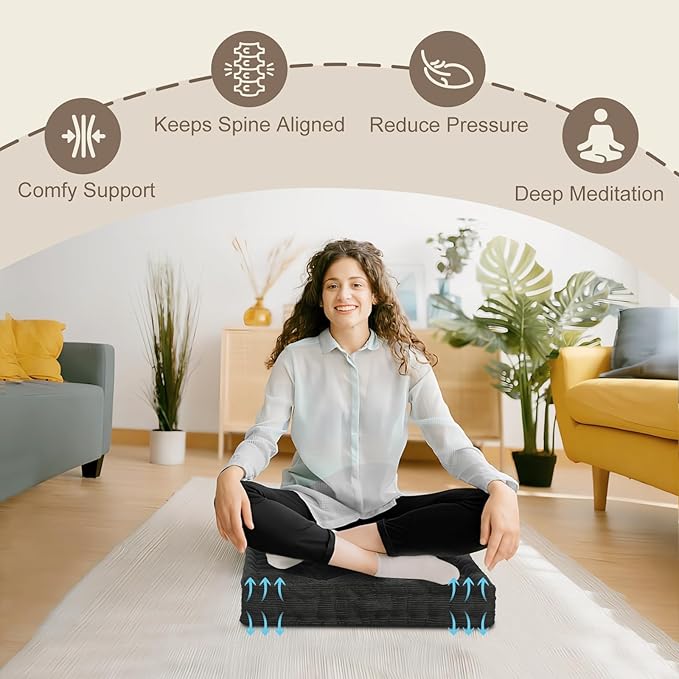 Wellsin Square Floor Pillows for Adults Kids - Meditation Floor Pillow Seating Cushion - Tufted Floor Cushion with Shredded Foam & Velvet Cover, 2 Pack, 20x20 Inch, Gray