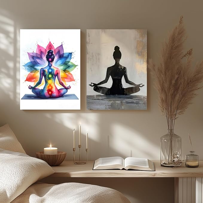 GELDSTEI Framed Zen Wall Art, Chakra Yoga Wall Decor, Colorful Meditation Poster Print, Spiritual Canvas Painting, Vibrant Meditating Woman Aesthetic Picture for Living Room Yoga Studio 16"x24"