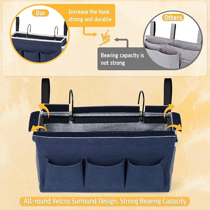 Bedside Caddy Bedside Organizer Bedside Storage Caddy with Fixed Straps and Water Bottle Holder for Home College Dorm Bunk Bed Hospital Bed Crib Bed Rails (Navy Blue)