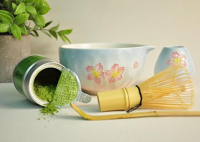 Matcha set with tray 8pcs, Japanese Matcha Kit includes Ceramic Matcha Bowl, Bamboo Matcha Whisk (Chasen), Whisk Holder, Macha Scoop(Chashaku), Bamboo Placemat, Sifter, Tea Cloth Chakin，Blue & Pink