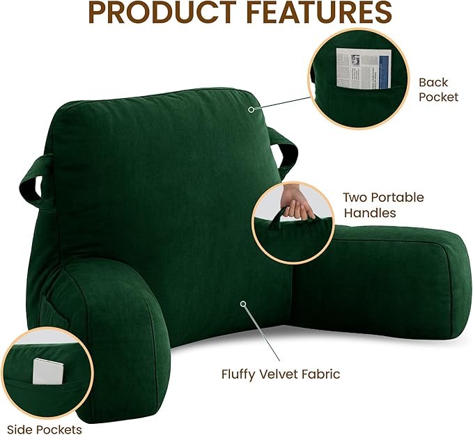 Portable Comfy Reading Pillows for Bed Sitting Up(Dark Green Oeko-Tex), Velvet Back Pillow with Arms & Pockets for Adults, Support Memory Foam Bed Pillow for Dorm/Reading/Watching/Gaming