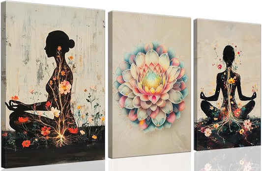 Yoga and Flower themed Meditation Wall Art Set of 3, Spiritual Meditation Women's Match with Flower and Lotus Patterns Canvas Poster Prints Painting,for Yoga Meditation Room,Bedroom,Framed 16X24in