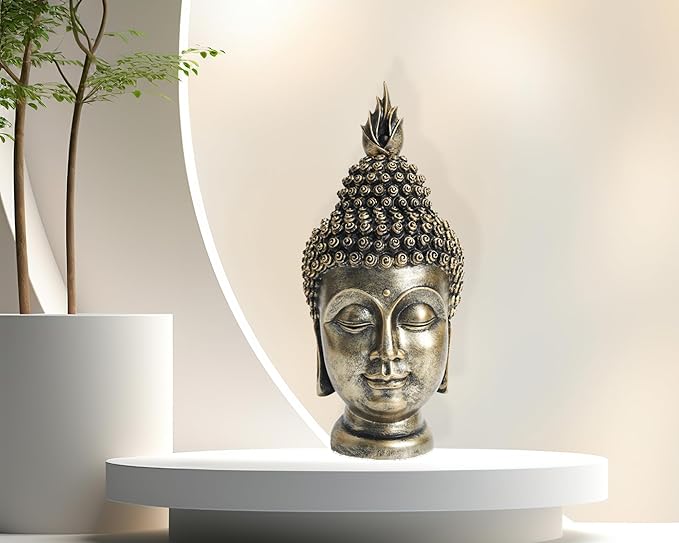 Buddha Head Statue Zen Meditation Decoration, 11 inch Resin Antique Golden Buddha Head Statue for Buddhist Spiritual Altar Decoration Buddhism Gifts