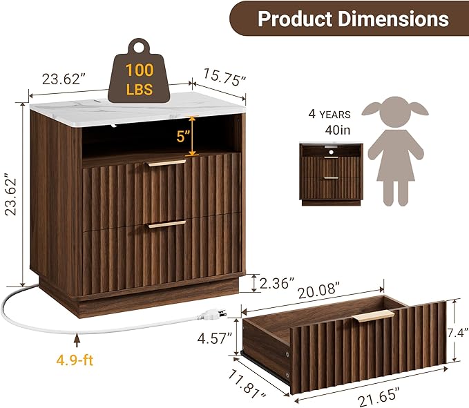 Large Fluted Nightstand Set of 2 with Charging Station, 23" Modern End Table with Faux Marble Top, 2 Drawers Side Table with Storage, for Bedroom Living Room, Curved Profile Design(Walnut)