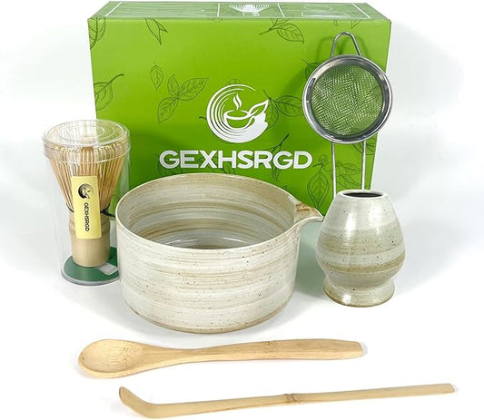 Matcha Whisk Set 6 pc Kit - Traditional Japanese Chasen, Bamboo Whisk Holder, Ceramic Bowl with Spout, Sifter & 2 pc Spoons - matcha kit set, Gift for Matcha Tea Lovers(Gray)