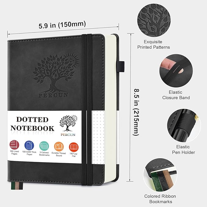 Dotted Journal Notebook for Men & Women, 160 Pages Dot Grid notebook for Note Taking, Bullet Journaling Notebook for Work, School, Travel, Writing, A5 Hardcover 5.9" x 8.5"(Black)