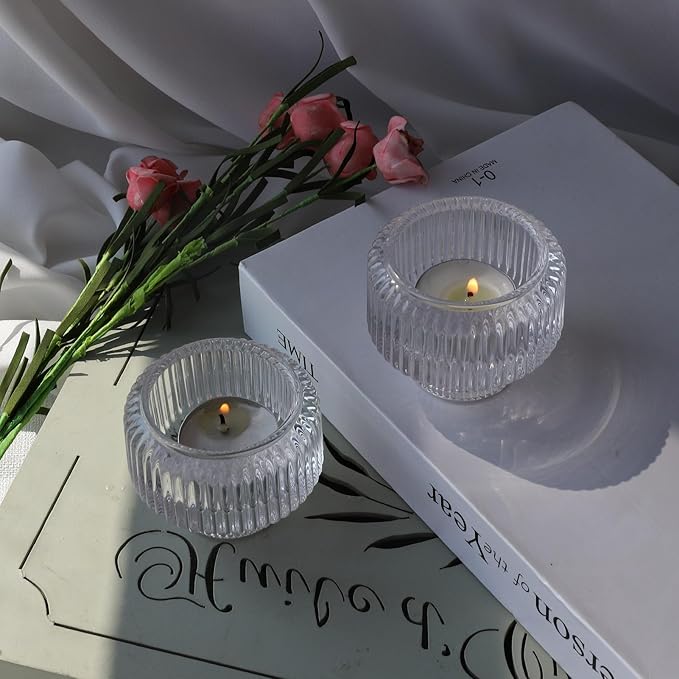 Woho Clear Taper Candle Holders Set of 8 for Taper Candles/Tea Lights Candles, Ribbed Glass Candlestick Holders for Wedding Table Centerpiece, Fluted Votive Candle Holders for Dinner Party Home Decor