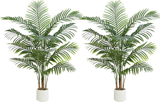 2 Pack Artificial Palm Tree Indoor Plant 4FT Tall Fake Tropical Palm Tree in Pot, Real Bark Design Faux Areca Palm Tree for Home Office Living Room Bedroom Farmhouse Modern Outdoor Topiary Tree