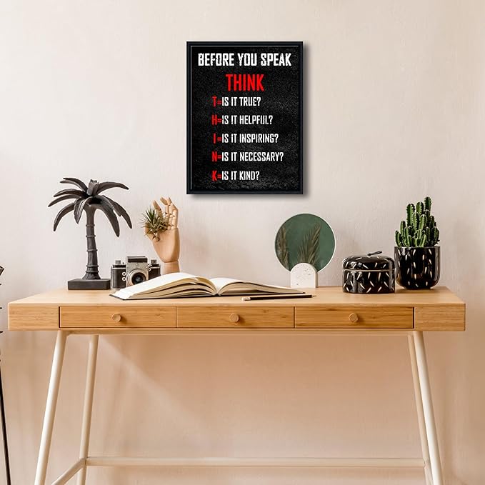 Pyradecor Black Framed Wall Art Inspirational Poster Canvas Prints Motivational Think Before You Speak Classroom Positive Quotes for Office Living Room Home Decorations
