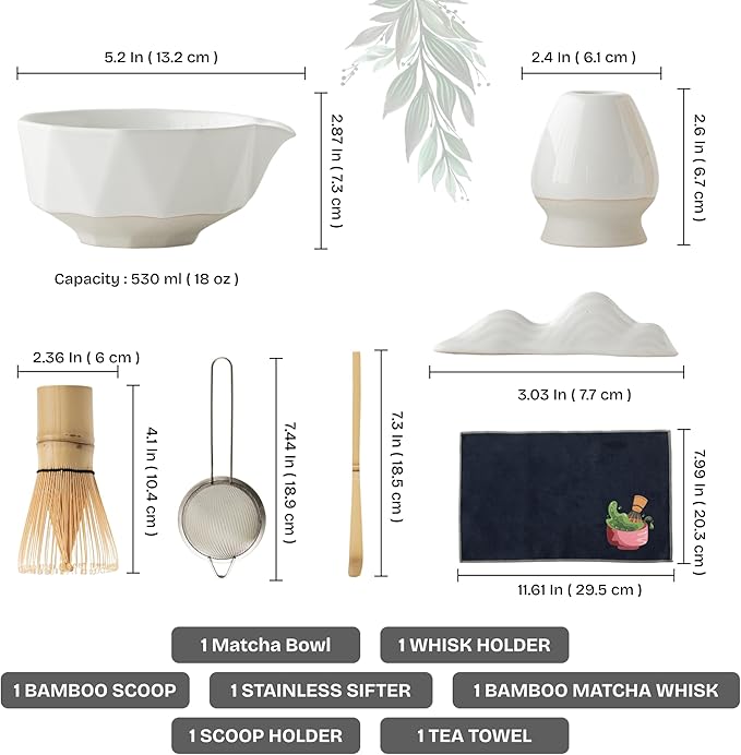 TEPEAK Matcha Whisk Set, 7 Pcs Matcha Set white, Matcha Kit for Ceremony, Matcha Tea Set for Making Breakfast/Latte, Ceramic Matcha Bowl (Chawan) with Spout and Bamboo Whisk, Gift for Friend/Family