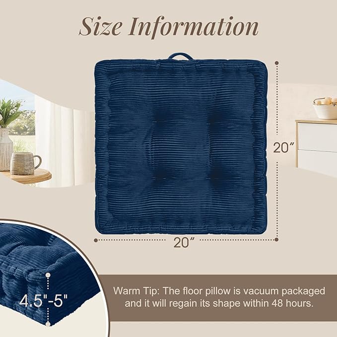 Wellsin Square Floor Pillows for Adults Kids - Meditation Floor Pillow Seating Cushion - Tufted Floor Cushion with Shredded Foam & Velvet Cover, 2 Pack, 20x20 Inch, Dark Blue