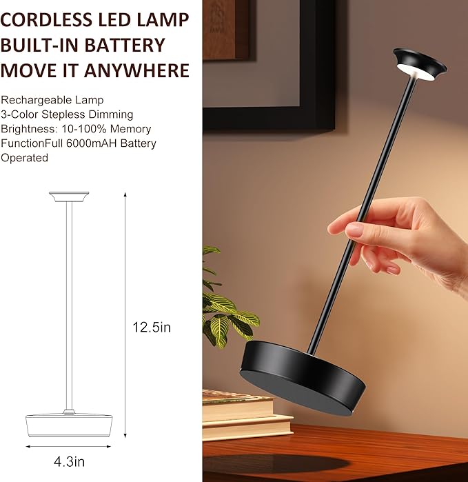 YHT Cordless LED Table Lamp Set of 2, Outdoor Portable LED Table Lamp, Dimming 6000mAh Battery Waterproof Table Light for Restaurant, Patio, Dinner, Bedroom (2Pack Black)