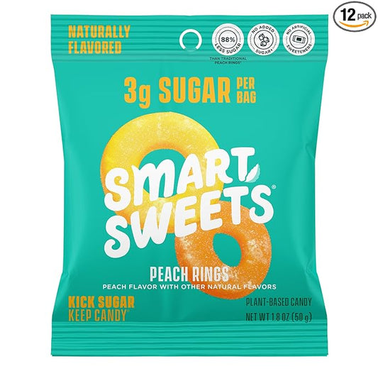 SmartSweets Peach Rings, Low Sugar Gummy Candy (3g), Low Calorie (130), Gluten-Free -1.8oz (Pack of 12) Packaging may vary